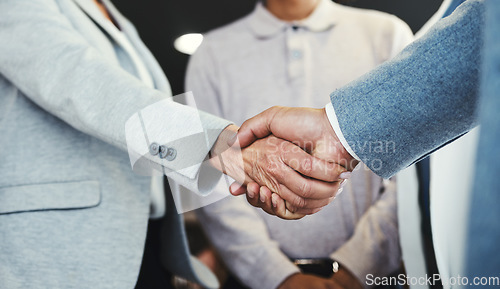 Image of Shaking hands, acquisition and business people investment deal, b2b contract agreement or client negotiation meeting. HR hiring welcome, thank you or lawyer job interview with human resources manager