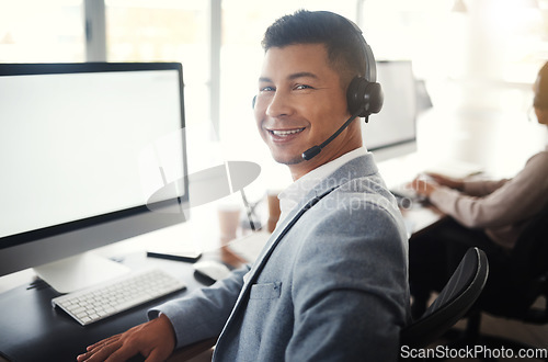 Image of Call center computer, portrait consultant and man telemarketing online on contact us CRM or telecom microphone. Male customer service, ERP ecommerce mockup and happy information technology consulting