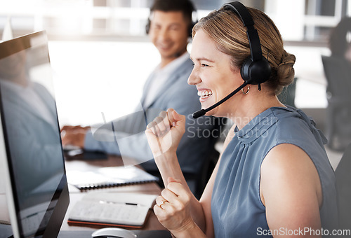 Image of Customer service computer, consulting or happy woman celebrate telemarketing on contact us CRM or ERP telecom. Call center success, ecommerce achievement and excited information technology consultant