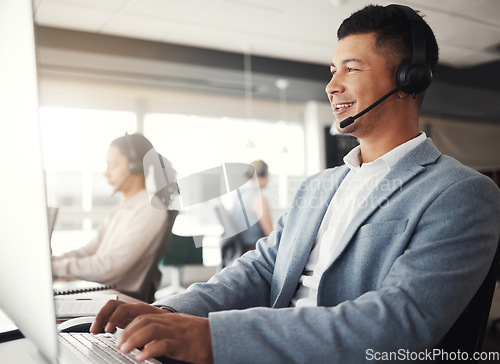 Image of Customer support, happy consultant and man telemarketing communication on contact us CRM or telecom microphone. Call center administration, ecommerce ERP and information technology consulting online