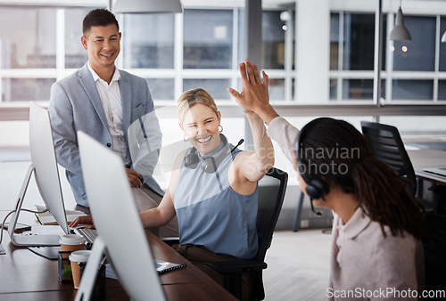 Image of Customer support high five, consulting or team celebrate telemarketing success, contact us CRM goals or ERP telecom. Call center diversity, ecommerce winner or happy technical support consultant
