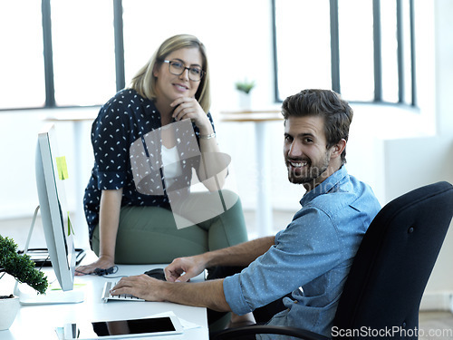 Image of Happy, teamwork and portrait of man and woman at computer for management, collaboration and planning. Strategy, designer and mentor with employee in digital agency for idea, learning and goals