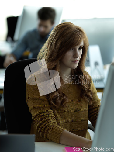 Image of Search, computer and serious with business woman in office for web design, analytics and planning. Digital marketing, technology and internet with employee in startup for idea, advertising and email