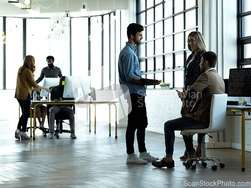 Image of Startup, company and business team in meeting talking or discussion about growth strategy in the office. Collaboration, partnership and meeting by management group planning and brainstorming