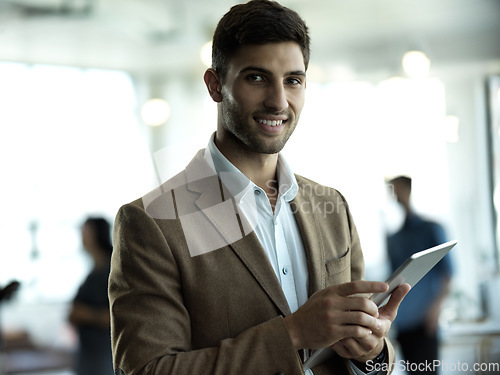 Image of Technology, smile and portrait of businessman with tablet for email, sales report or online schedule in office. Research, leadership and ceo networking, online communication in management at startup.