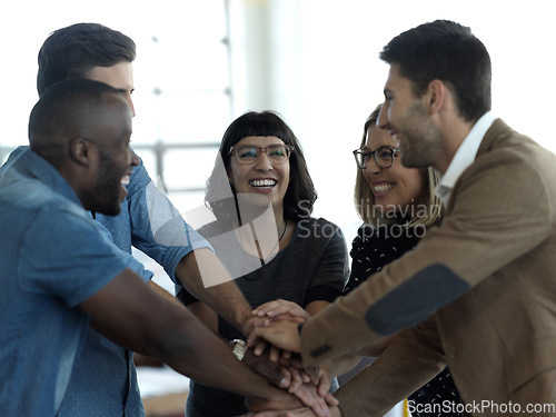 Image of Teamwork, success and happy with hands of business people in office and celebration for motivation, winner and solidarity. Diversity, collaboration and trust with group for goal, community and focus