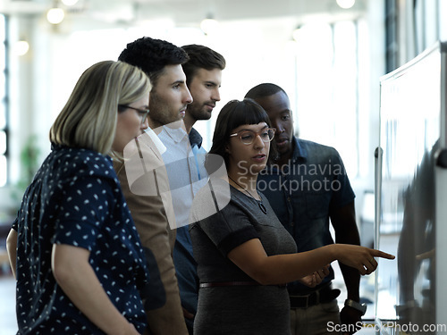 Image of Creative business people, whiteboard and team planning in brainstorming strategy or schedule at office. Group of employee workers in teamwork collaboration or project management for corporate startup