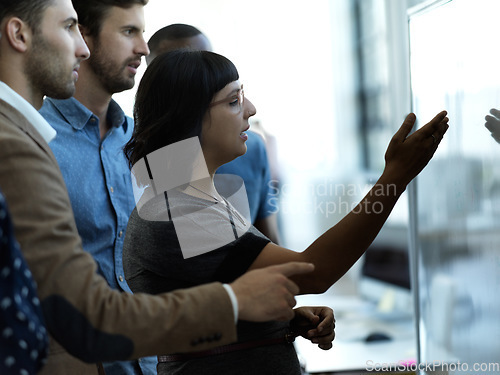 Image of Creative business people, whiteboard and planning strategy in brainstorming, schedule or tasks at office. Group of employee workers in teamwork, collaboration or project management plan for startup