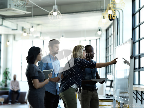 Image of Creative business people, whiteboard and brainstorming in planning, schedule or strategy at office. Group of employee workers in teamwork, collaboration or project management for corporate startup