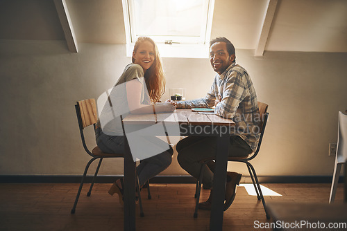 Image of Portrait, couple and people in restaurant on a date smile, happy and enjoying Valentines Day together in the morning. Breakfast, man and woman on lunch at cafe or coffee shop for interracial dating