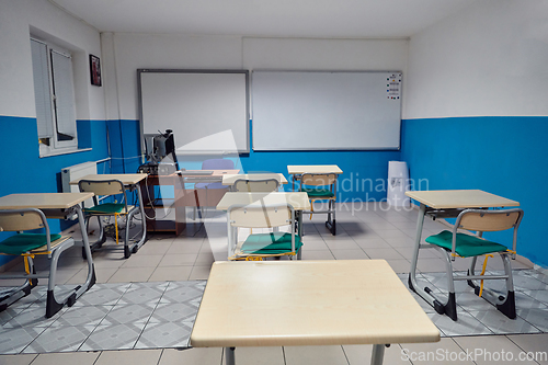 Image of Empty chairs in classrom. Modern furniture. Interior of cafe. Conference hall.