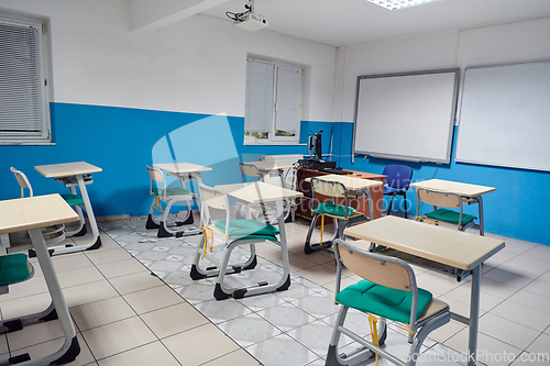 Image of Empty chairs in classrom. Modern furniture. Interior of cafe. Conference hall.