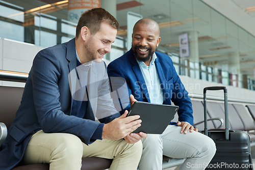 Image of Airport, business team people and tablet talking of flight schedule, travel news or fintech management. Happy investment black man, international partner and digital technology for immigration advice