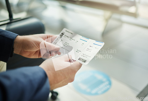 Image of Plane ticket in hands, travel and person at airport, waiting on flight for business trip, check in and boarding. Closeup, .professional conference or convention with travelling for work and journey