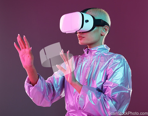 Image of Virtual reality glasses, woman and metaverse for futuristic gaming, digital transformation and tech. Cyberpunk person hands on studio background with vr headset for 3d and cyber world user experience