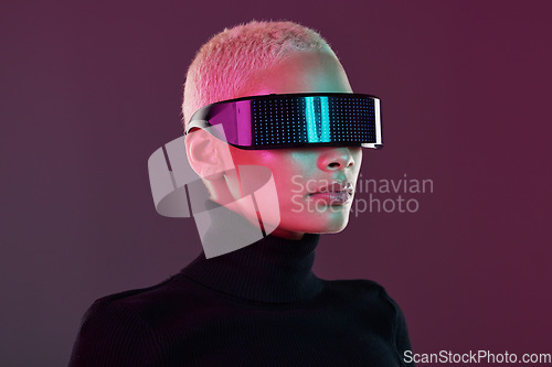 Image of Woman, vr and metaverse augmented reality glasses for futuristic gaming and technology. Cyberpunk person on studio background with digital headset for 3d and cyber world robot fantasy user experience