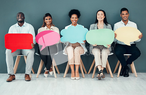 Image of Speech bubble, business people and advertising for recruitment on social media and join us in waiting room. We are hiring, poster and banner mockup by group with diversity, voice or announcement