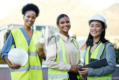 Image of Engineering, team and portrait of a construction workers on a site outdoor in the city in collaboration. Teamwork, colleagues and group of female industrial employees planning a building project.