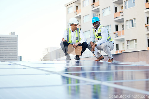 Image of Solar panels, engineering people and rooftop inspection of energy saving, urban development or electricity. Teamwork, checklist and technician men with sustainable power solution or city installation