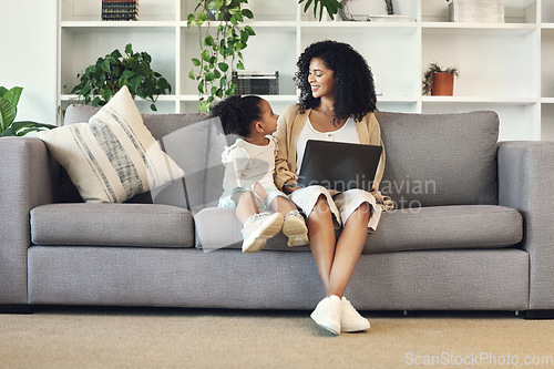 Image of Child, mother and laptop in family home living room for remote work, online education and wifi. Happy woman and girl kid talking on couch with internet for learning, games and watch movies to relax