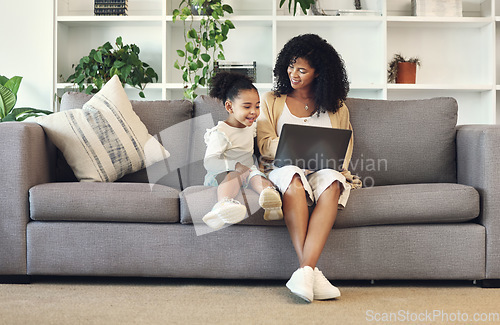 Image of Family, mother and child with laptop in home living room for remote work, online education and wifi. Black woman and girl together on couch with internet for learning, games and watch movies to relax