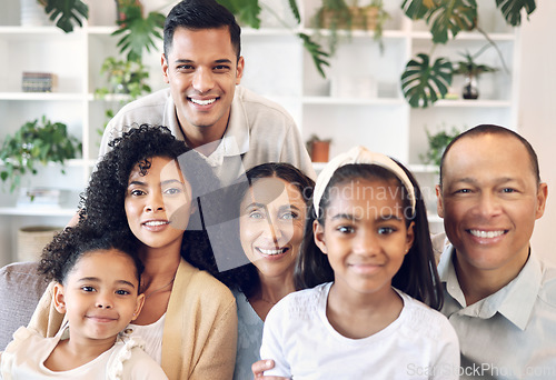 Image of Family in happy portrait with kids, parents and grandparents on sofa with smile in home in Brazil. Happiness, generations of men and women with children, people spending time together making memories