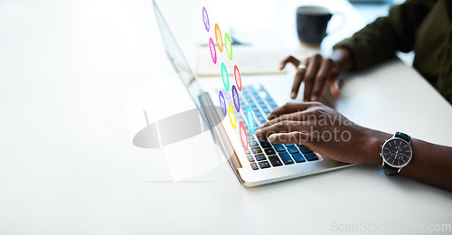 Image of Man hands, laptop and icon hologram with notification dashboard for software application and internet. Creative person at office desk with mockup space for ai, ux and media with future erp innovation