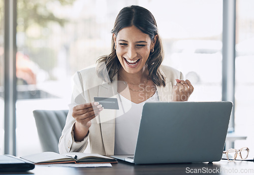 Image of Finance, credit card and wow with woman and laptop in office for savings, investment or online shopping sale. Success, fintech and ecommerce with customer and website for deal, payment or offer