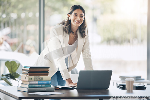 Image of Business woman, portrait or laptop in management strategy review, planning leadership schedule or timeline mock up. Smile, happy or employee on technology for startup calendar agenda or growth goals