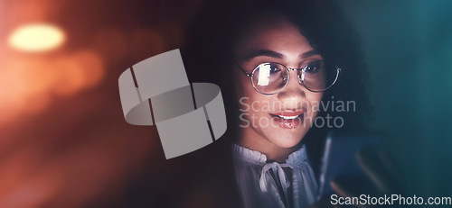 Image of Business, black woman and phone communication at night for contact, typing or networking app. Female employee working late on smartphone, dark bokeh background or glasses to search internet on mockup