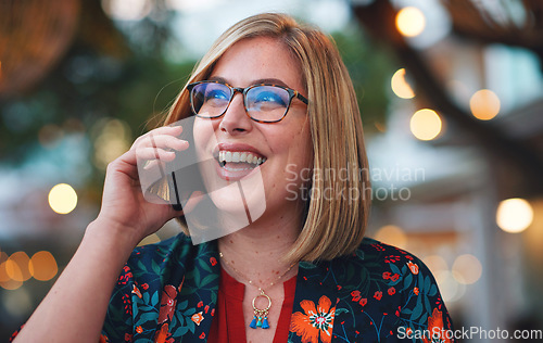 Image of Phone call, thinking and woman laughing in city, talking or speaking to contact at night. Bokeh, funny and happy female with 5g mobile smartphone for networking, conversation or discussion in town.