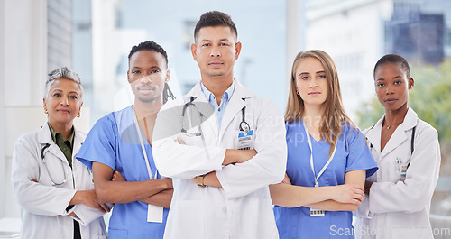 Image of Arms crossed, medicine teamwork and diversity portrait for medical collaboration, support or wellness surgery. Group of healthcare doctors, nurses and focus with motivation, trust or hospital mission