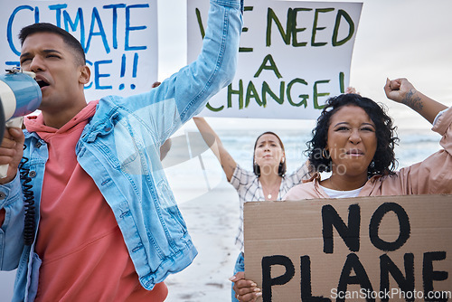 Image of Protest, climate change and poster with people, fight with freedom movement for environment rights outdoor. Politics, activism and action with support, solidarity and saving planet, angry with voice