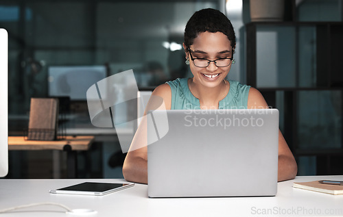 Image of Office laptop, happy woman and night work on overtime article for social media app, digital website or online blog. Employee inspiration, reading internet info and African journalist typing news post