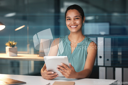 Image of Office tablet, night portrait and black woman editing social network article, digital website or online web blog. Happy research employee, media business and journalist working overtime on news post