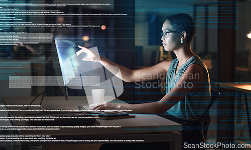 Image of Ai, computer and night with black woman in office for facial recognition, augmented reality and matrix overlay. Digital transformation, cybersecurity and futuristic with employee for data or software