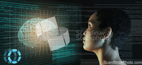 Image of Screen, code and ai, brain hologram and black woman, programming with future technology. Robot, knowledge and data analysis, IT and software with human mind, neurology and 3D with robotics innovation