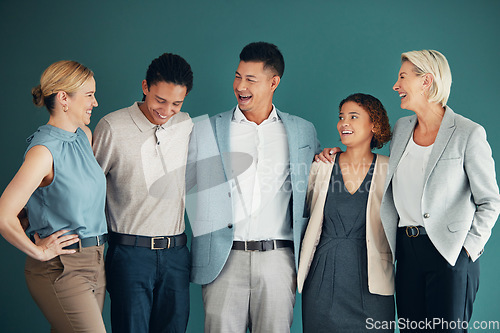 Image of Business people, team laugh together and corporate group with collaboration, happiness and lawyers on studio background. Employees work at law firm, funny or joke with teamwork and diversity