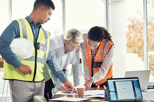 Image of Engineering, teamwork and meeting with people in office for construction, designer and building. Collaboration, review and planning with group in architecture firm for project management and goal