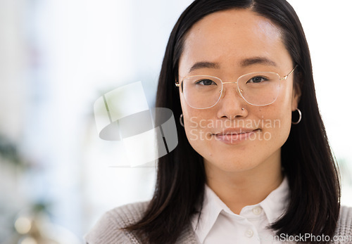 Image of Business woman, face and portrait and Asian worker with vision and professional mindset. Leadership, corporate lawyer at law firm in Japan with mockup space and growth with career goals