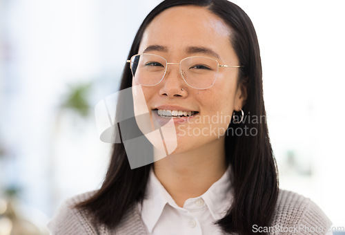 Image of Business woman, face and portrait with success and smile, Asian worker with professional mindset and career goals. Happy employee, leadership and corporate lawyer at law firm in Japan with growth