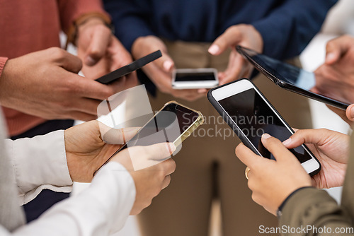 Image of Hands, phone and networking on mockup screen in collaboration, social media or communication. Hand of group on smartphone for network, share or mobile app sync in circle on technology with display