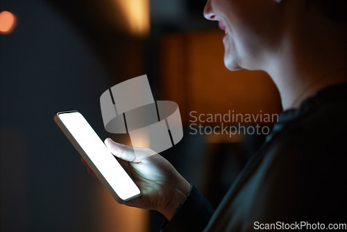 Image of Woman hand texting, office and night for mockup, smartphone or blank screen for chat app, online dating or reading. Corporate workplace, mock up and young executive for social media, phone or web ui