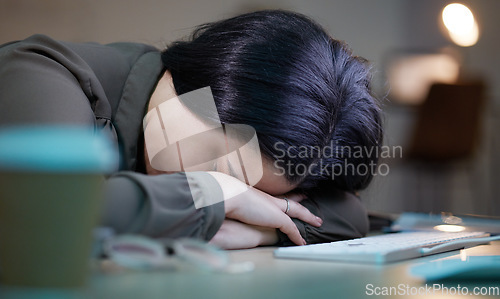 Image of Tired, sleeping woman at her computer at night for depression, burnout and mental health risk. Business person, worker or employee fatigue, low energy and depressed sleep on pc for project deadline
