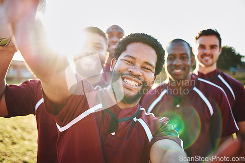 Image of Portrait, sports and selfie of rugby team on field after exercise, workout or training. Teamwork, fitness and group of friends, men or athletes take pictures or photo for happy memory or social media