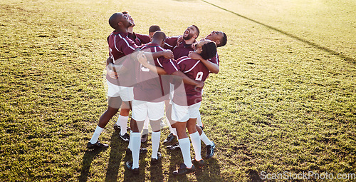 Image of Sports, field and team in a huddle with motivation, strategy and coordination after training. Fitness, collaboration and group of male athletes in unity before a game or match by a grass stadium.