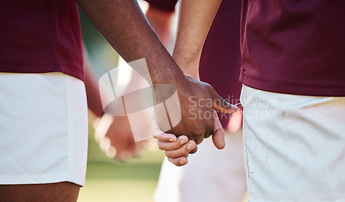 Image of Sports, team and holding hands in unity for collaboration, partnership or coordination in the outdoors. Hand of sport players in solidarity for motivation, teamwork or support of goal before game