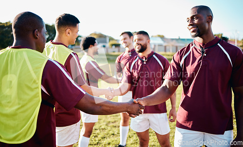 Image of Man, sports and handshake for team greeting, introduction or sportsmanship on the grass field outdoors. Sport men shaking hands before match or game for competition, training or workout exercise