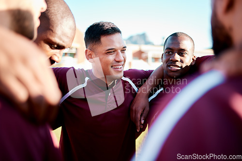 Image of Support, hug and team in a huddle for sports, motivation and teamwork in a game on a field. Collaboration, love and men with affection, trust and huddling together for sport, competition and strategy