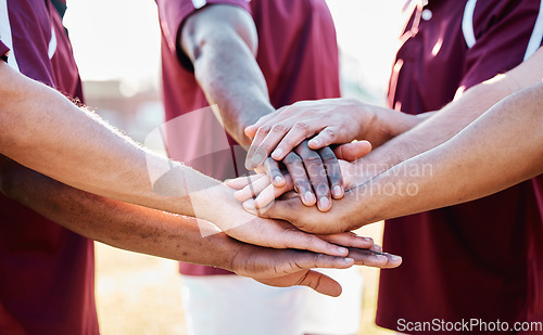 Image of Hands, sports and collaboration in trust, unity or partnership together in solidarity for motivation. Hand of group in teamwork, coordination or goal or strategy, sport game or win agreement